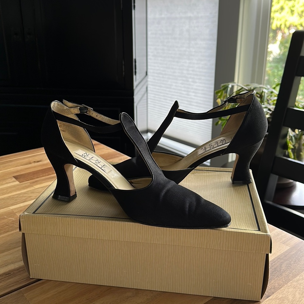 Black Satin Kitten heel pumps.